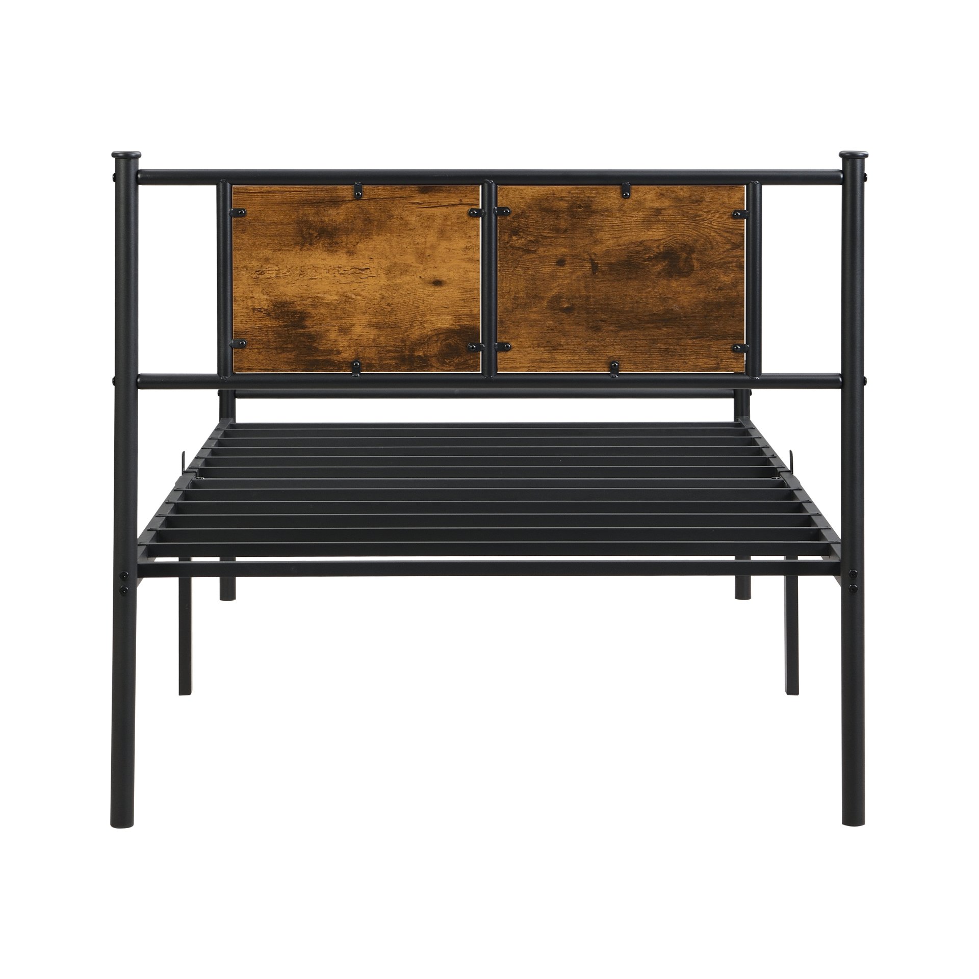 Modern Twin Size Metal Bedframe With Wood Panel Headboard - Black / Brown - Image 9