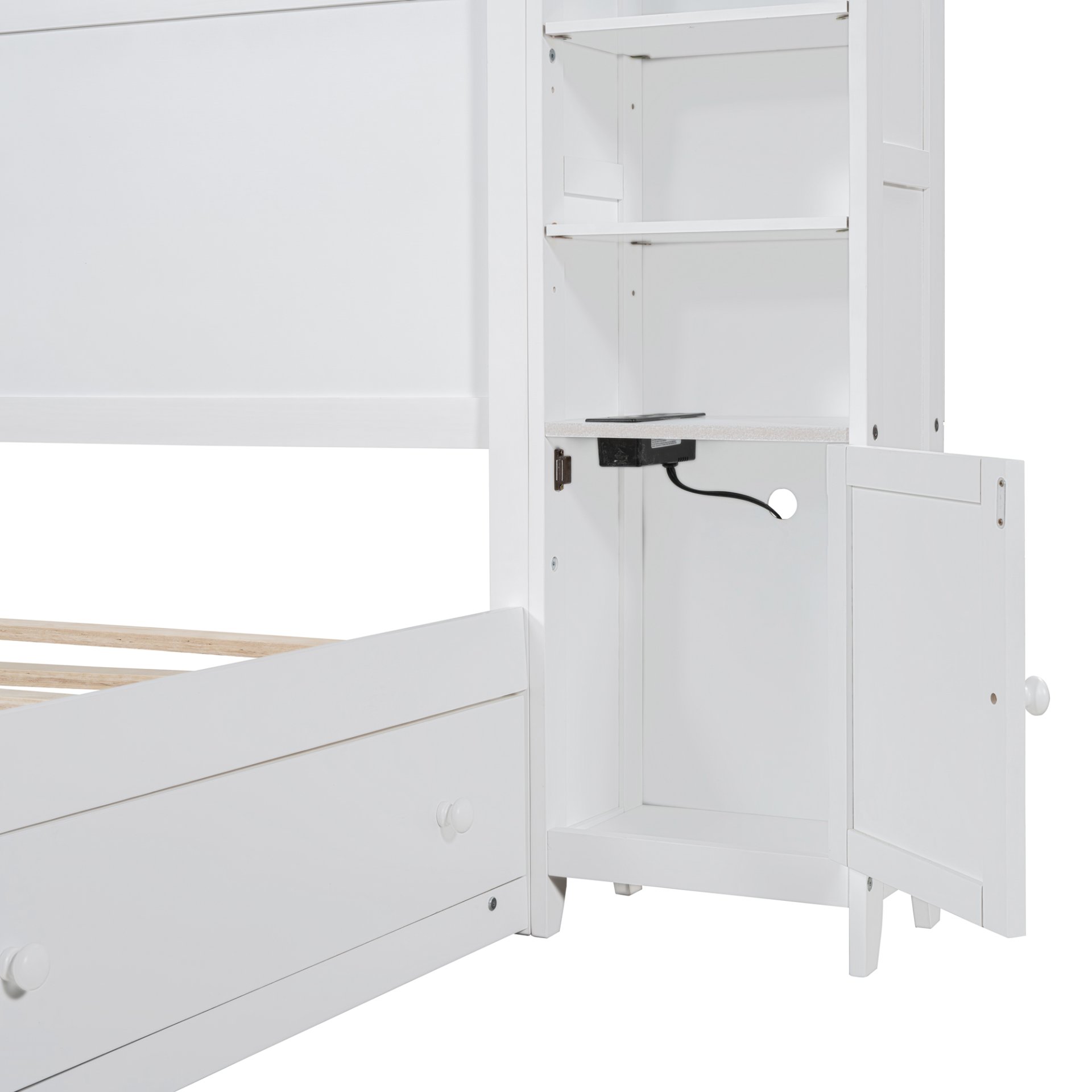 Queen Size Bed With All In One Cabinet, Shelf And Sockets - White - Image 13