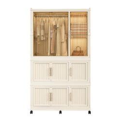 Portable Wardrobe Closet Storage Organizer With 9 Magnetic Doors - Cream White