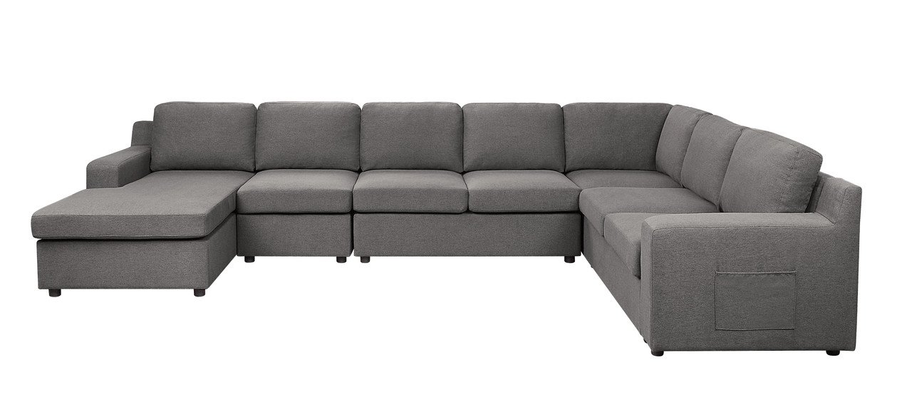 Waylon - Linen 7 Seater U-Shape Sectional Sofa Chaise With Pocket - Gray - Image 5