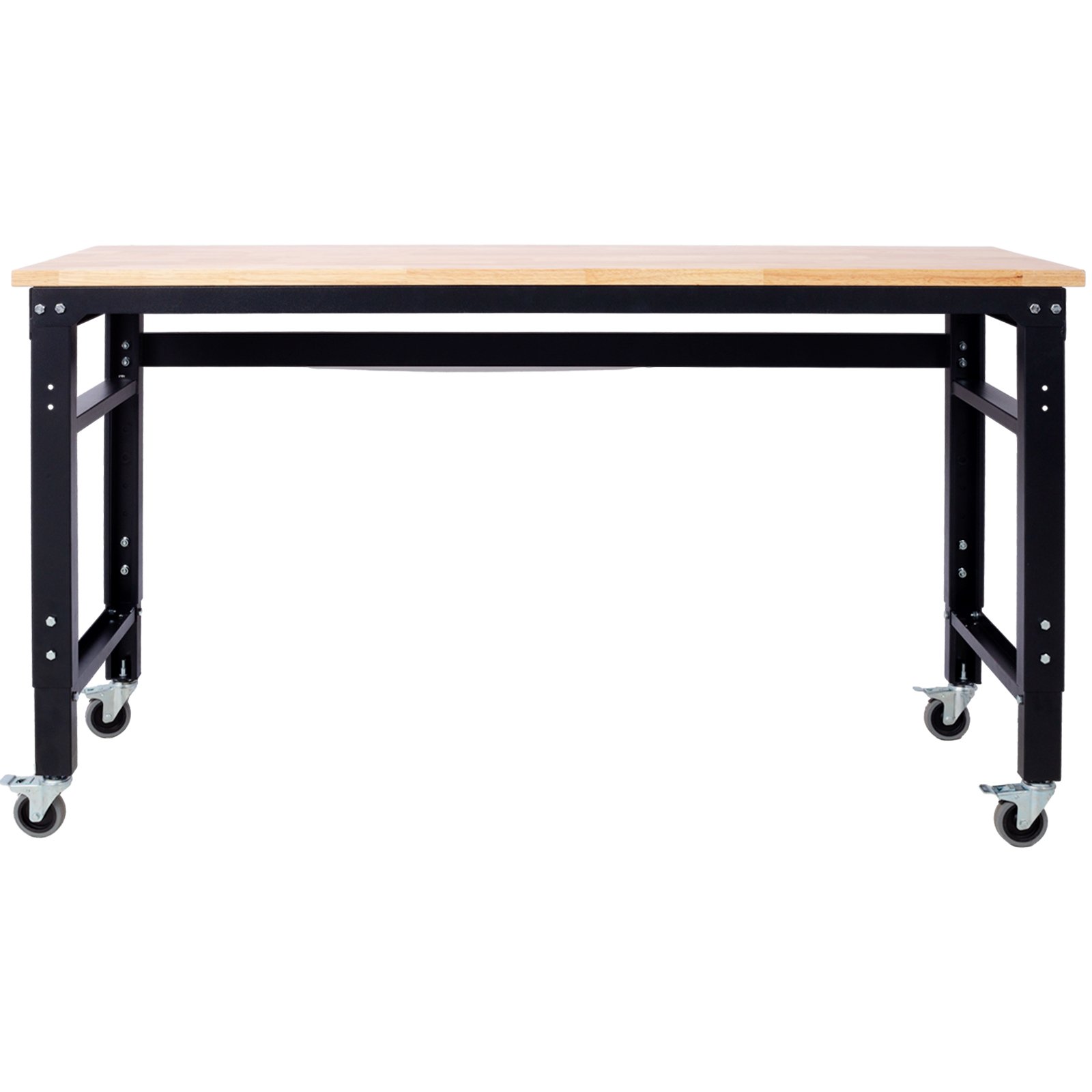 60" Wide Rolling Workbench For Garage, Adjustable Height, Workshop Tool Bench, Metal With Rubber Wood Top - Black / Light Brown - Image 10