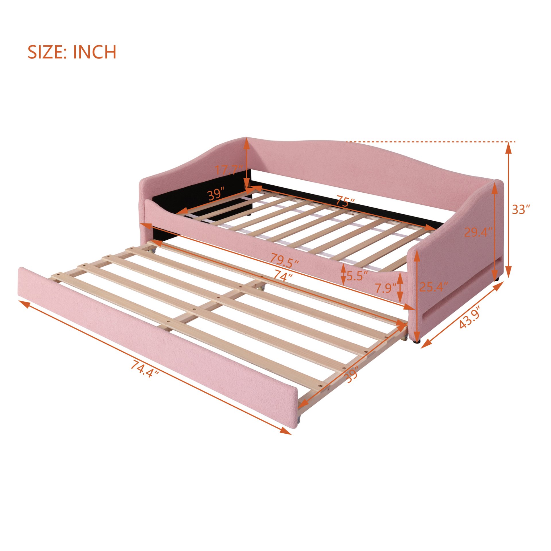 Twin Size Upholstered Daybed With Light And Trundle - Pink - Image 8