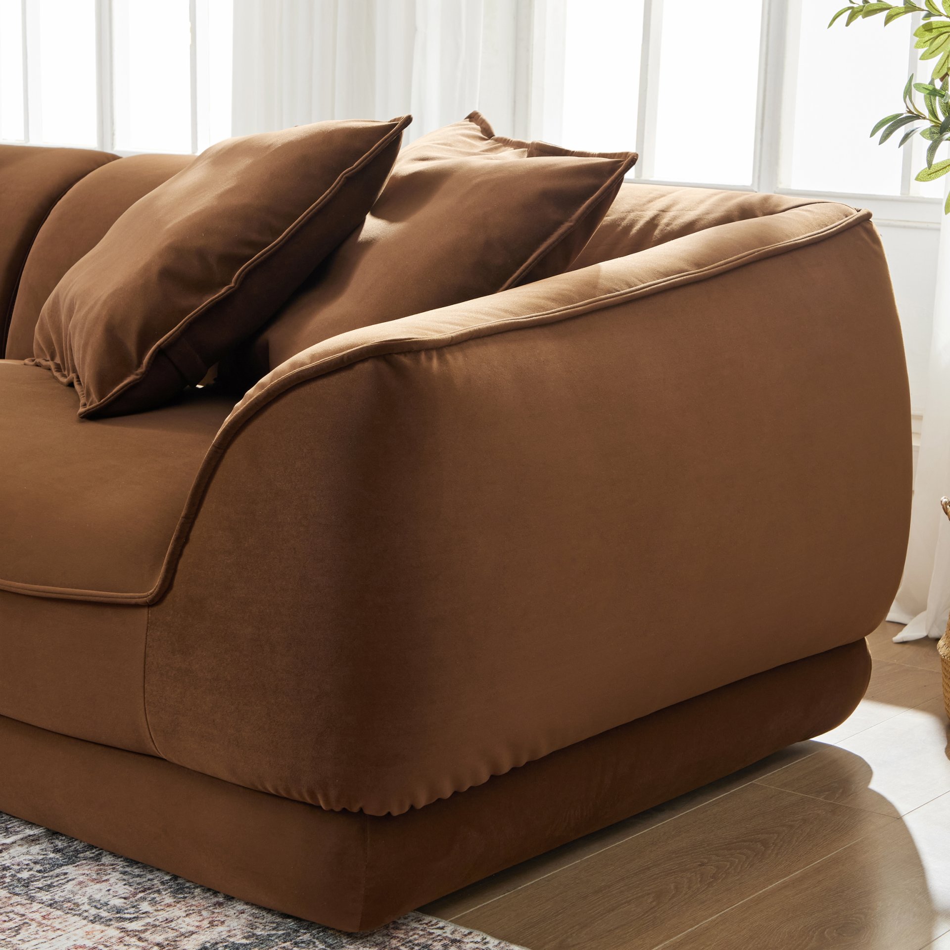Nordic Modern Sofa With Detachable Pillowcase, French Velvet Fabric, Solid Wood Frame, High Density Sponge Filling - Camel - Image 8