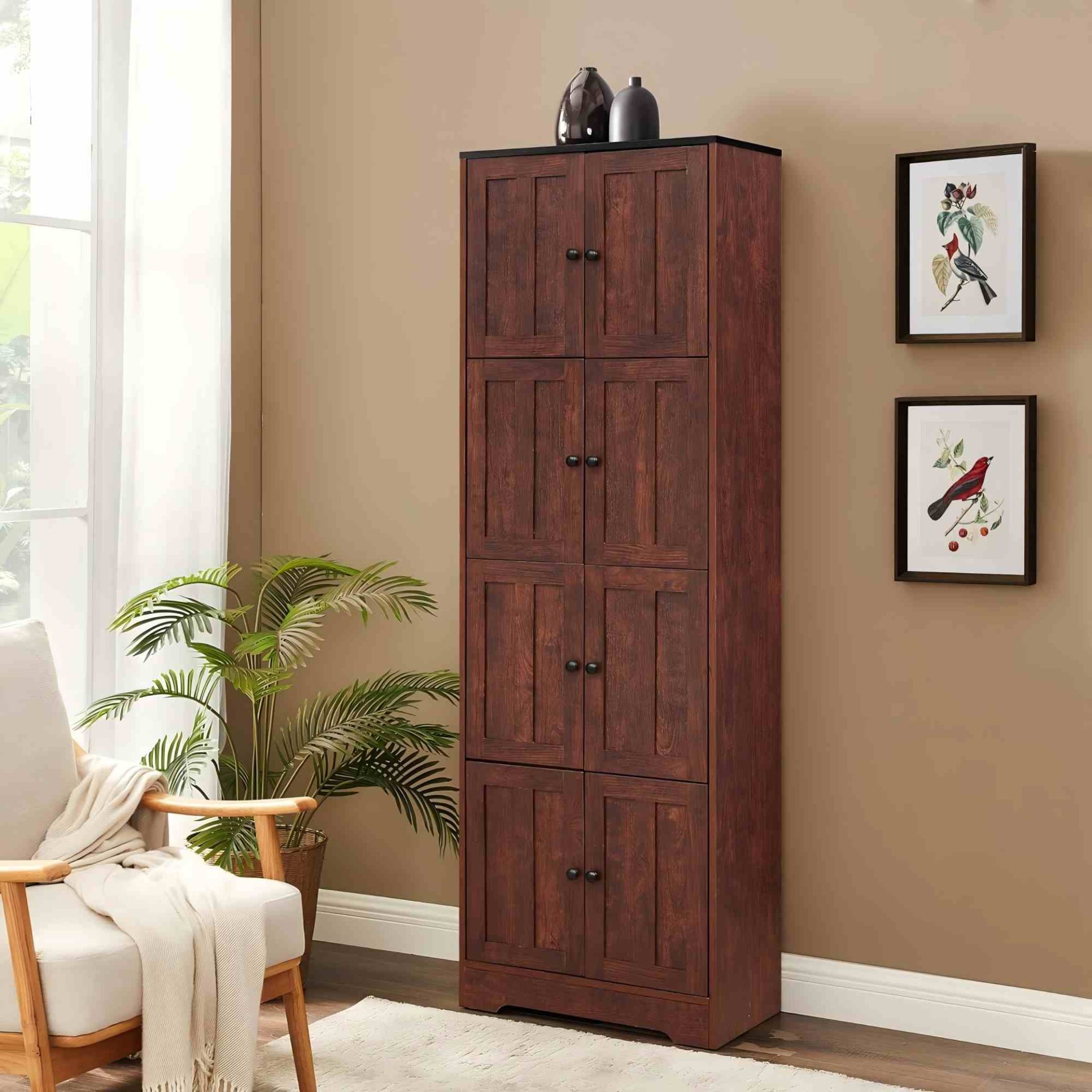 Tall Storage Cabinet With 8 Doors And 4 Shelves, Wall Storage Cabinet For Living Room, Kitchen, Office, Bedroom, Bathroom - Walnut - Image 9