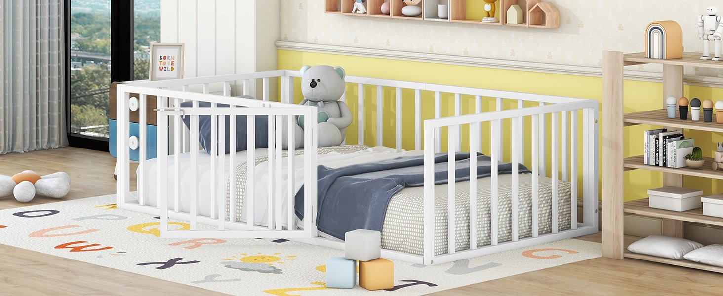 Twin Size Floor Bed Frame With Fence And Door - White - Image 15