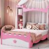 Castle Shaped Bed With Storage Shelf, Dreamy Twin Size Platform Bed For Kids Bedroom - White / Pink - Image 13