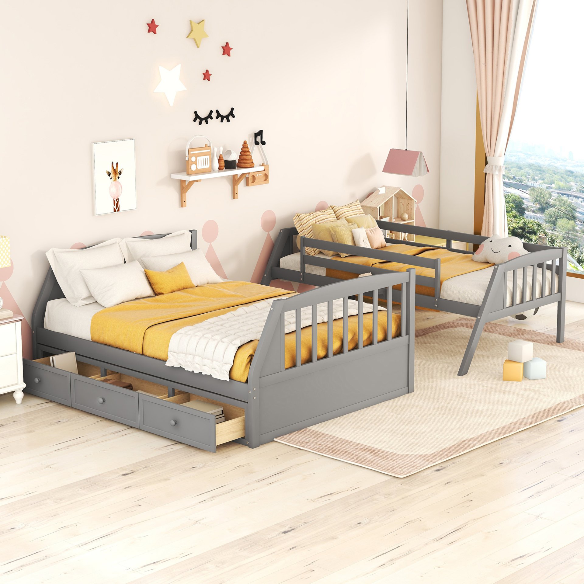 Twin Over Full Bunk Bed With Drawers, Ladder And Storage Staircase - Gray - Image 3