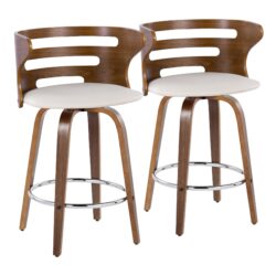 Cosini - Mid-Century Modern Fixed Height Barstool With Swivel With Round Footrest (Set of 2) - Walnut / Cream