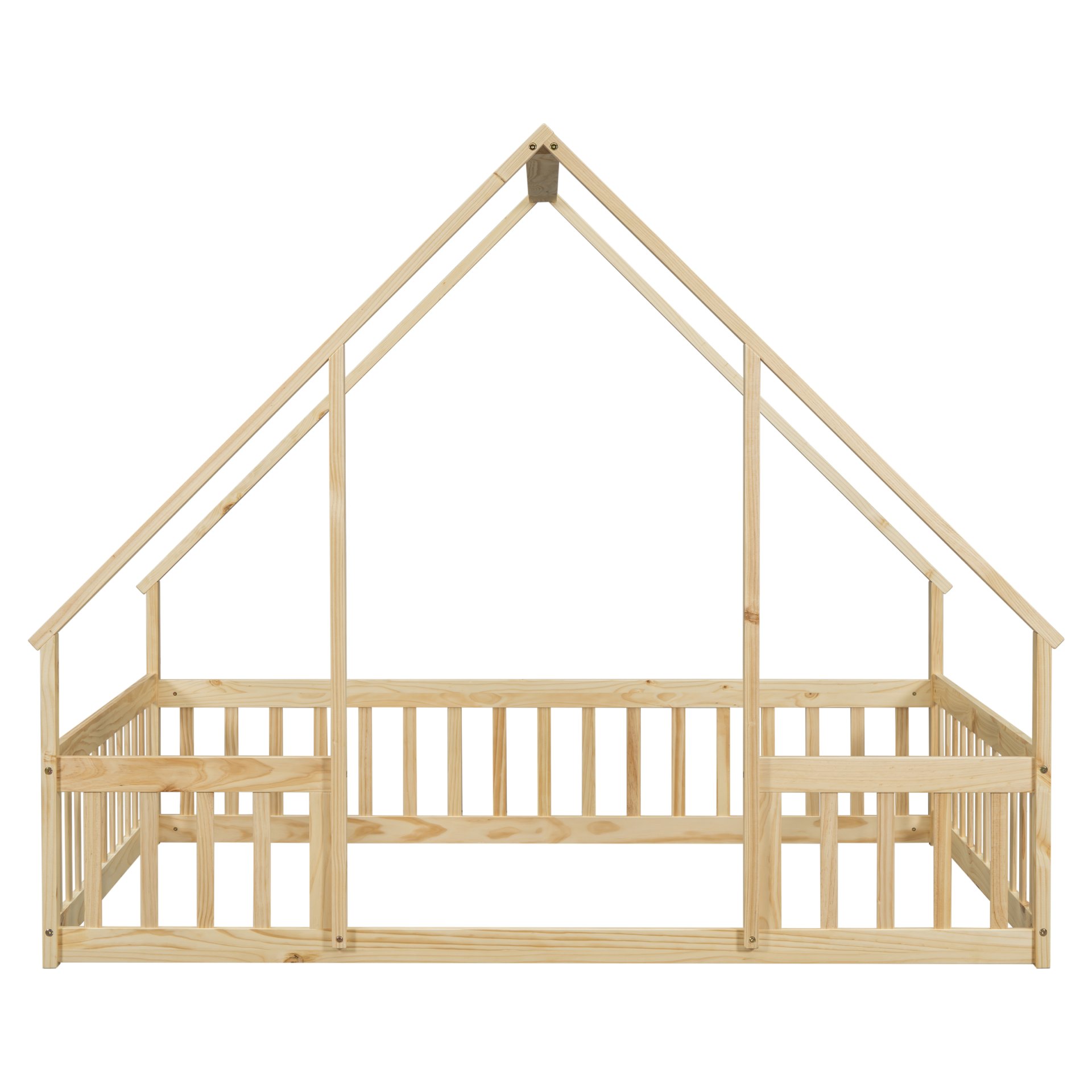 Full Wood House-Shaped Floor Bed With Fence, Guardrails - Natural - Image 16