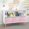 Kids Bookcase With Collapsible Fabric Drawers, Children's Book Display, Toy Storage Cabinet Organizer - White / Pink - Image 12