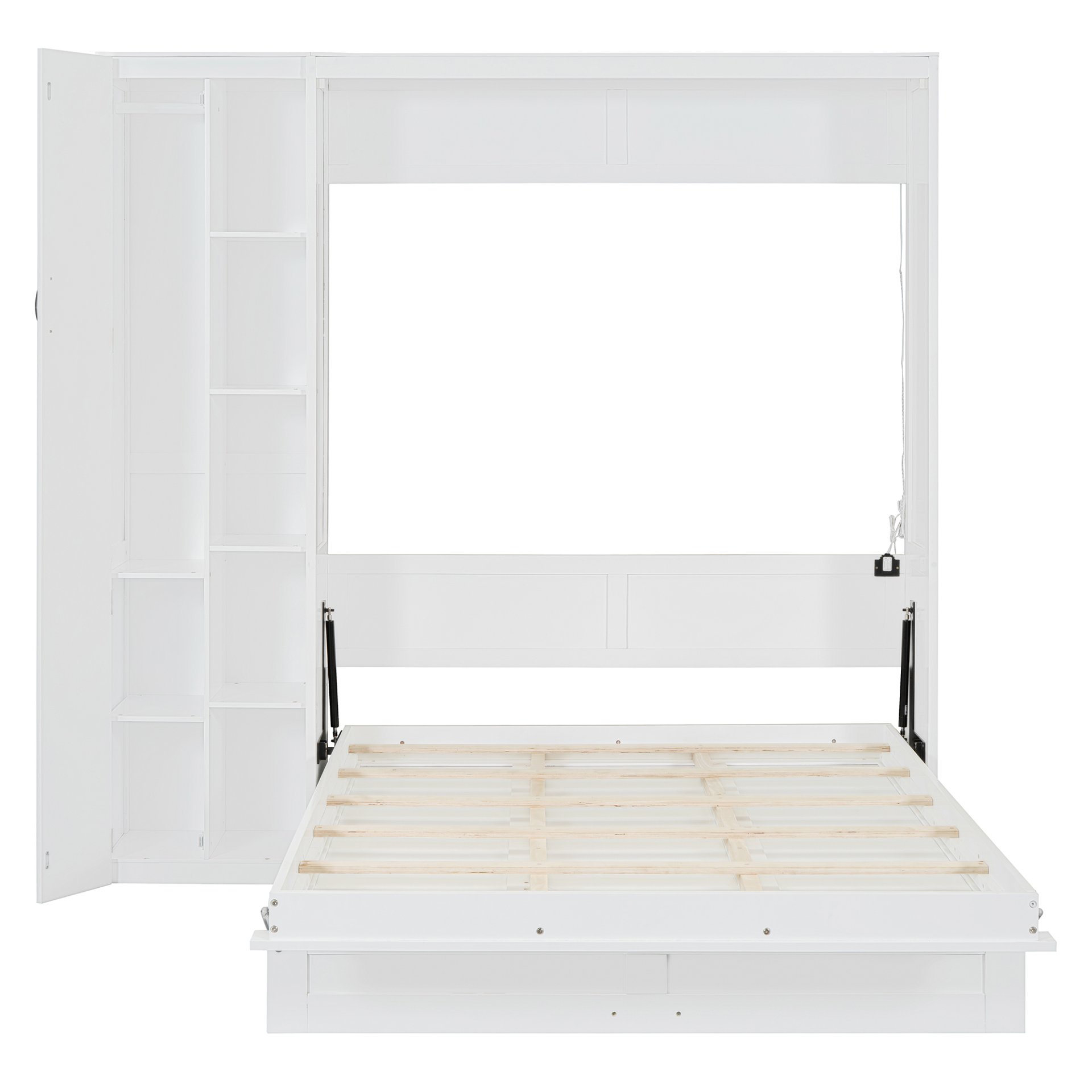 Full Size Murphy Wall Bed With Shelves, Wardrobe And LED Lights - White - Image 17