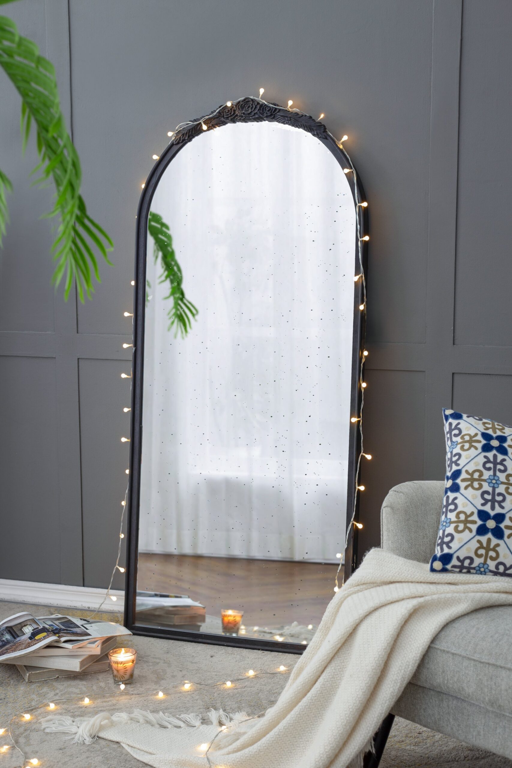 Hand Carved Rose Antique Mirror Frame, Large Arch Mirror Wall Decor For Living Room, Bathroom, Entryway - Black - Image 3