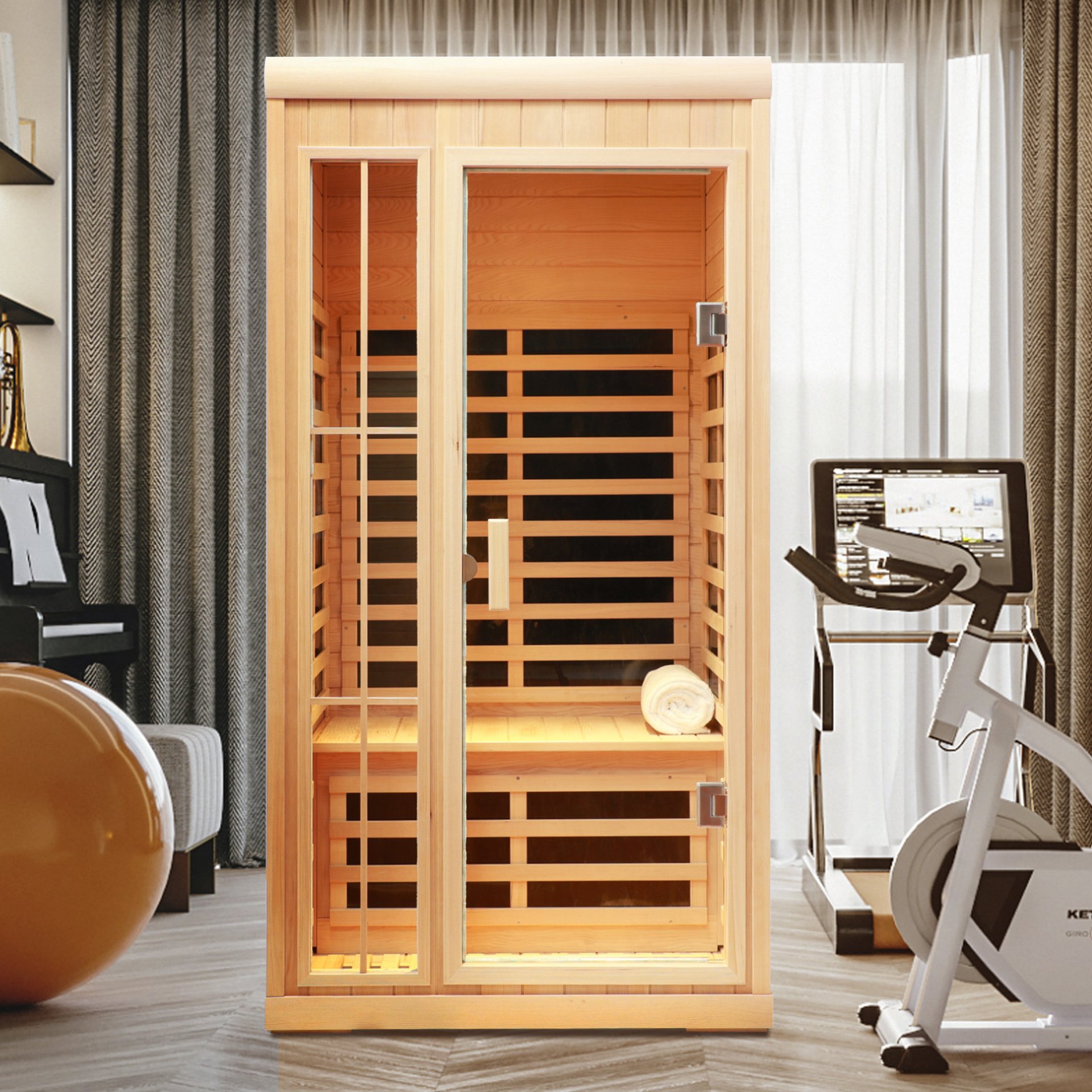 Deluxe Version Plus 1 Person Far Infrared Hemlock Sauna Room With LED Colour Lights - Natural - Image 8