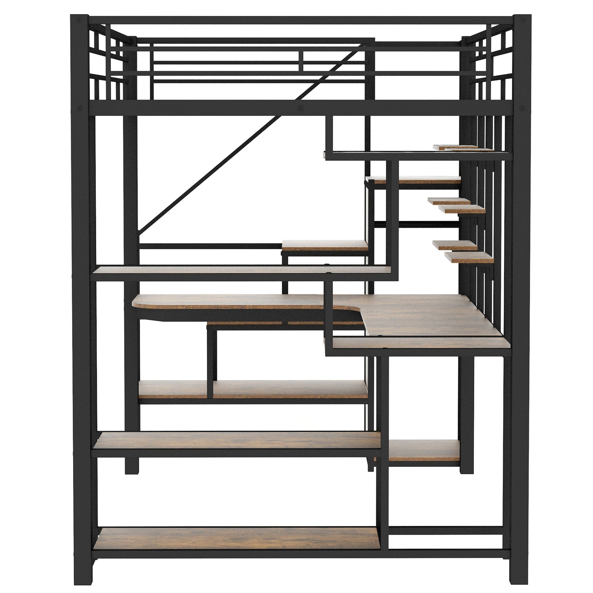 Full Size Metal Loft Bed With Storage Staircase And Small Wardrobe, Built - In Desk And Storage Shelves - Black - Image 15