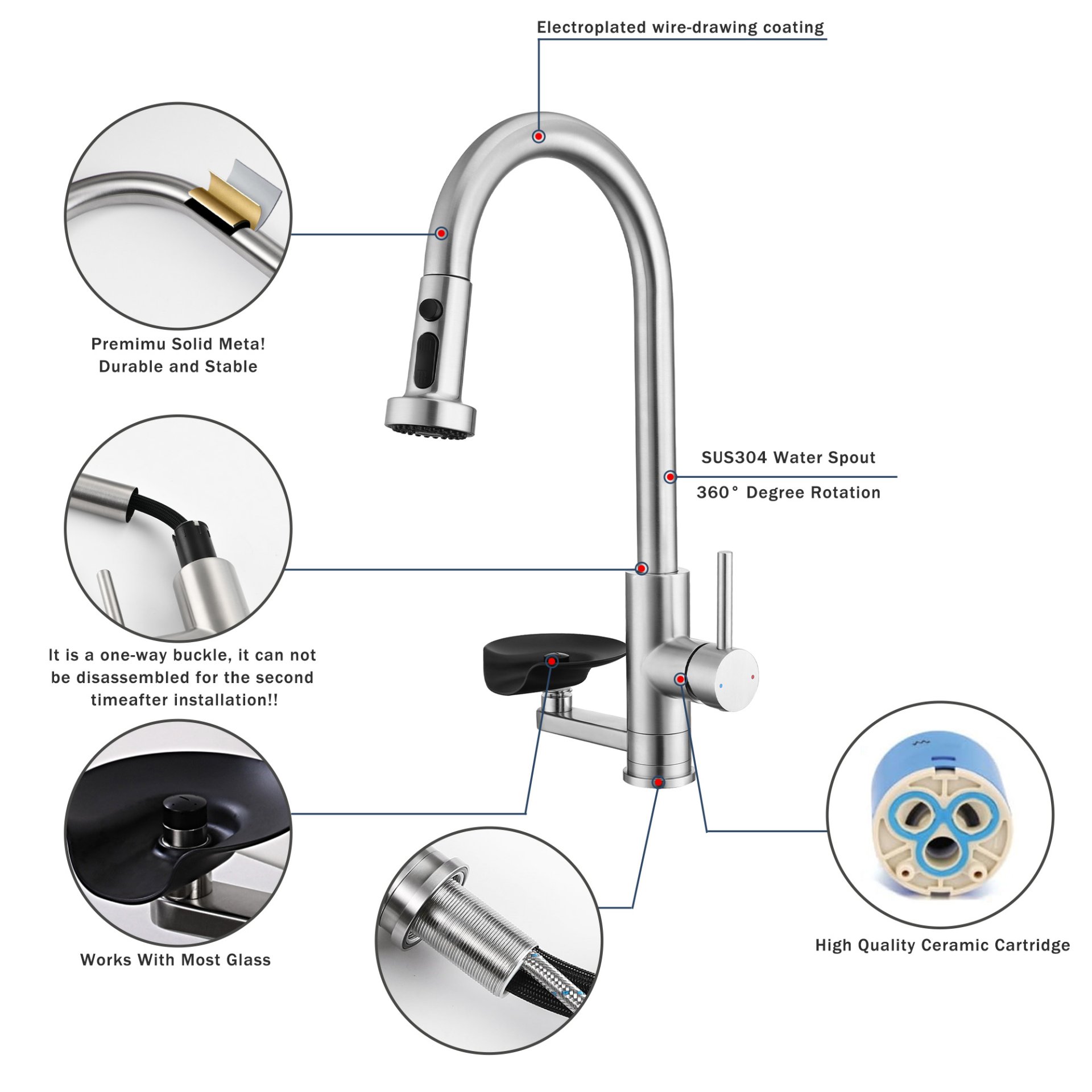 3 In 1 Kitchen Faucet With Press Type Glass Rinser, High Arc Pull Down Sprayer, 3 Function Spray Mode - Brushed Nickel - Image 5