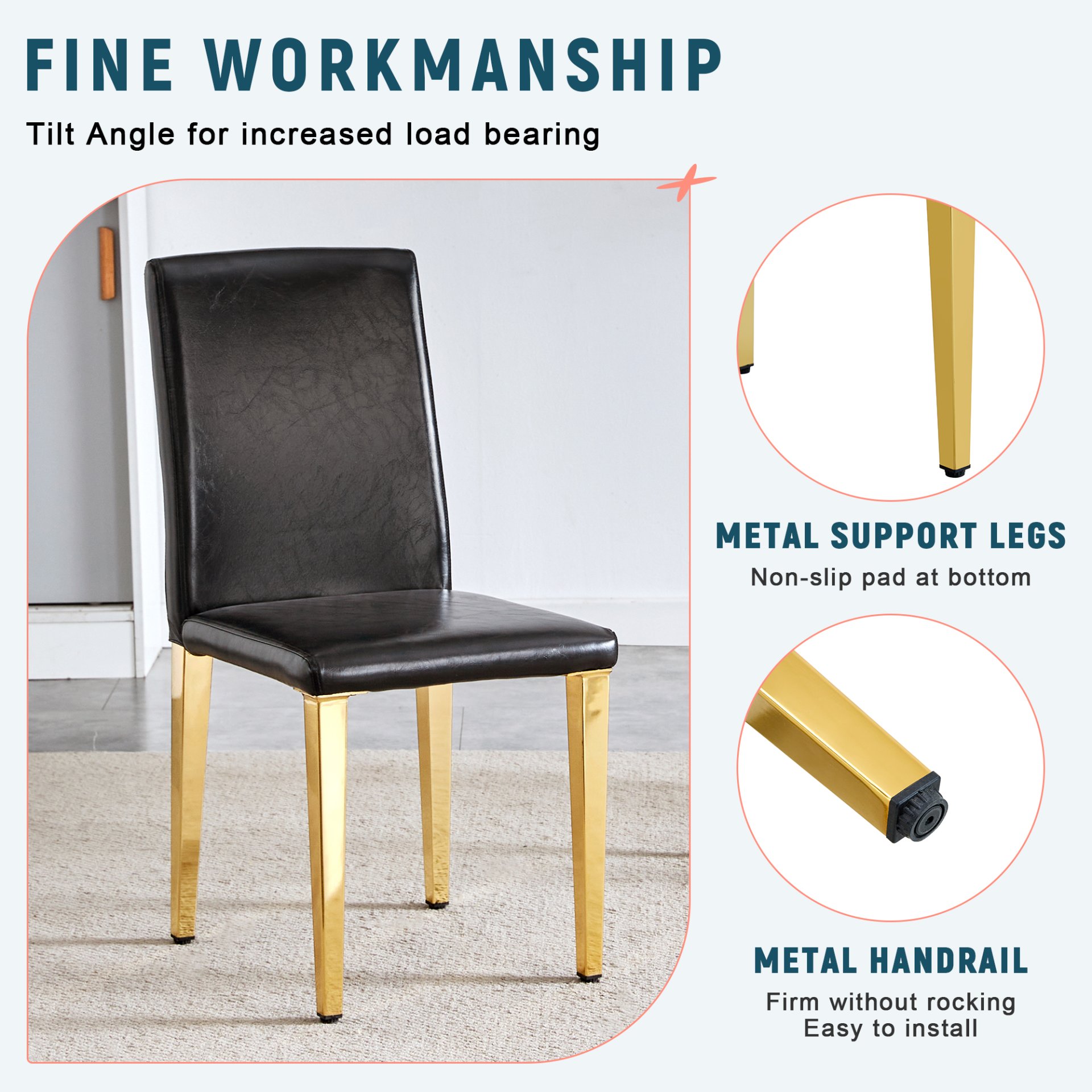 (Set of 4) Backrest Chairs With Gold Metal Legs A Perfect Pairing, Ideal For Minimalist And Modern Home Decor Styles - Black / Gold - Image 8