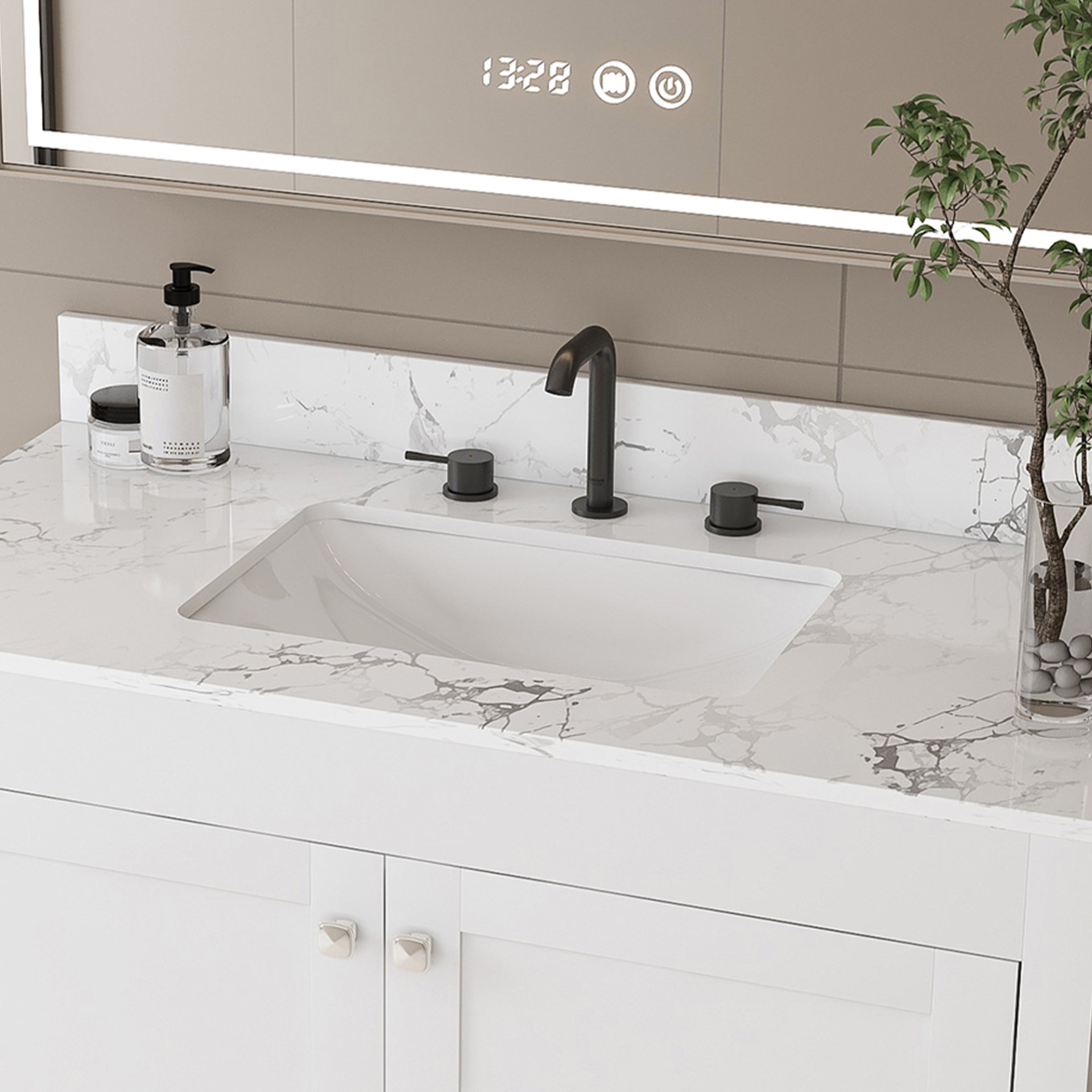 43" Bathroom Vanity With Artificial Marble Carrara Top Set, Multi Functional Bathroom Cabinet With Doors And Drawer - White - Image 10