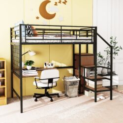 Full Size Loft Bed With Desk And Grid, Stylish Frame With Lateral Storage Ladder And Wardrobe - Black