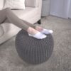 Bordeaux - Knitted Cotton Round Pouf Ottoman - Gray - Image 2