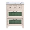 Bathroom Vanity With Ceramic Sink, Bathroom Vanity Cabinet With 2 Drawers, Wooden Bathroom Sink Cabinet - Beige / Green - Image 10