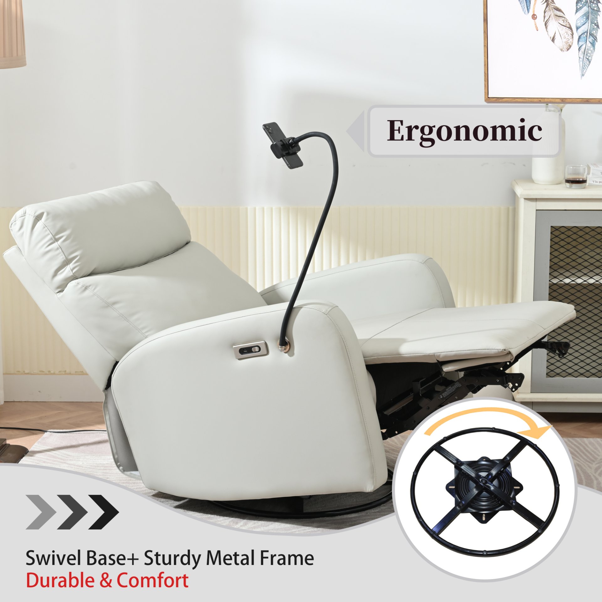 31.5" 270 Power Swivel Rocker Recliner Chair, Electric Glider Reclining Sofa With USB Ports, Power Swivel Glider, Rocking Chair Nursery Recliners For Living Room Bedroom - Light Gray - Image 4