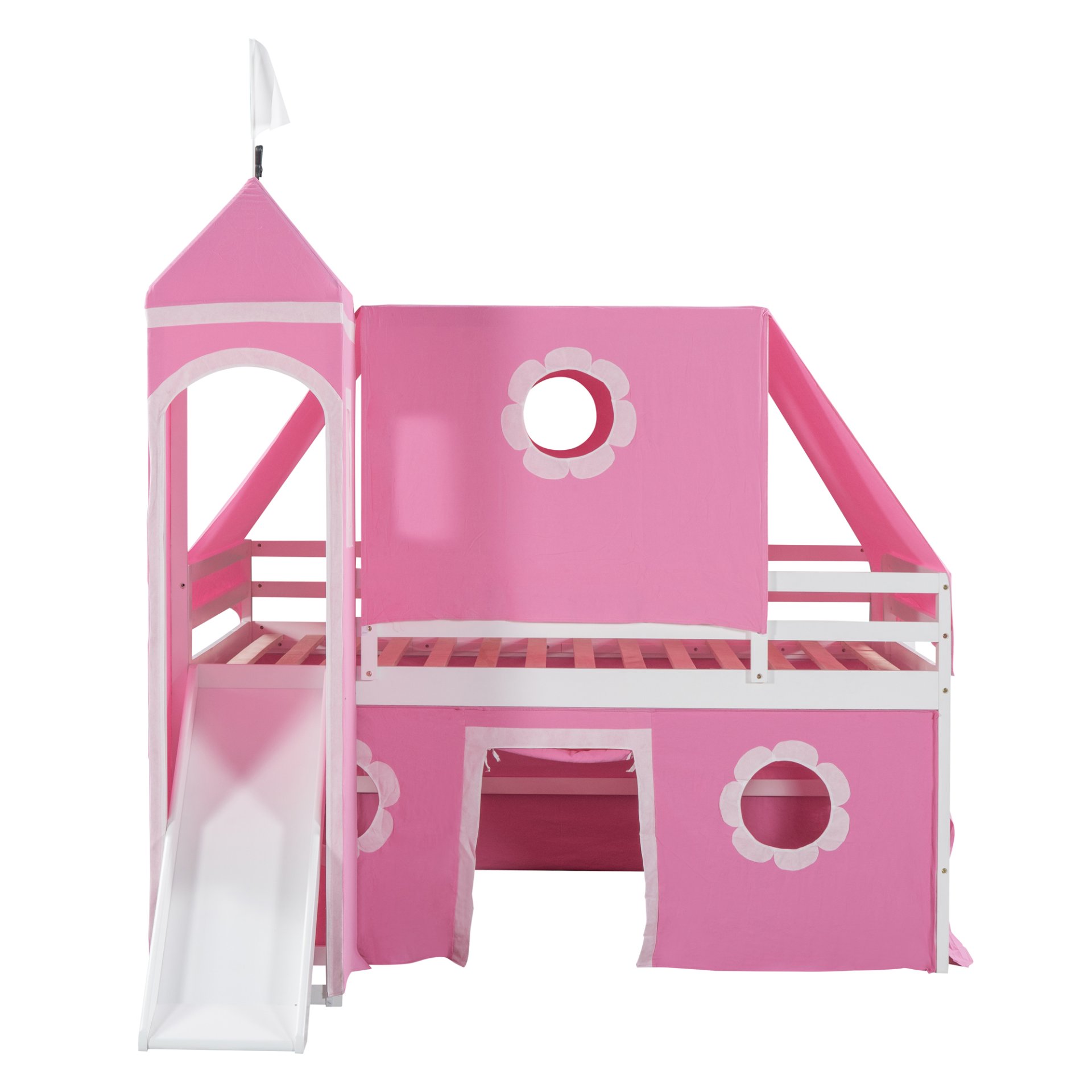 Full Size Loft Bed With Slide And Tent Tower Space Saving Fun Design For Kids - Pink - Image 5