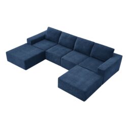 Modular U Shaped Sectional With Ottomans, Luxury Cloud Floor Couch With Deep Seat Fully Compressed Upholstered Sofa - Navy