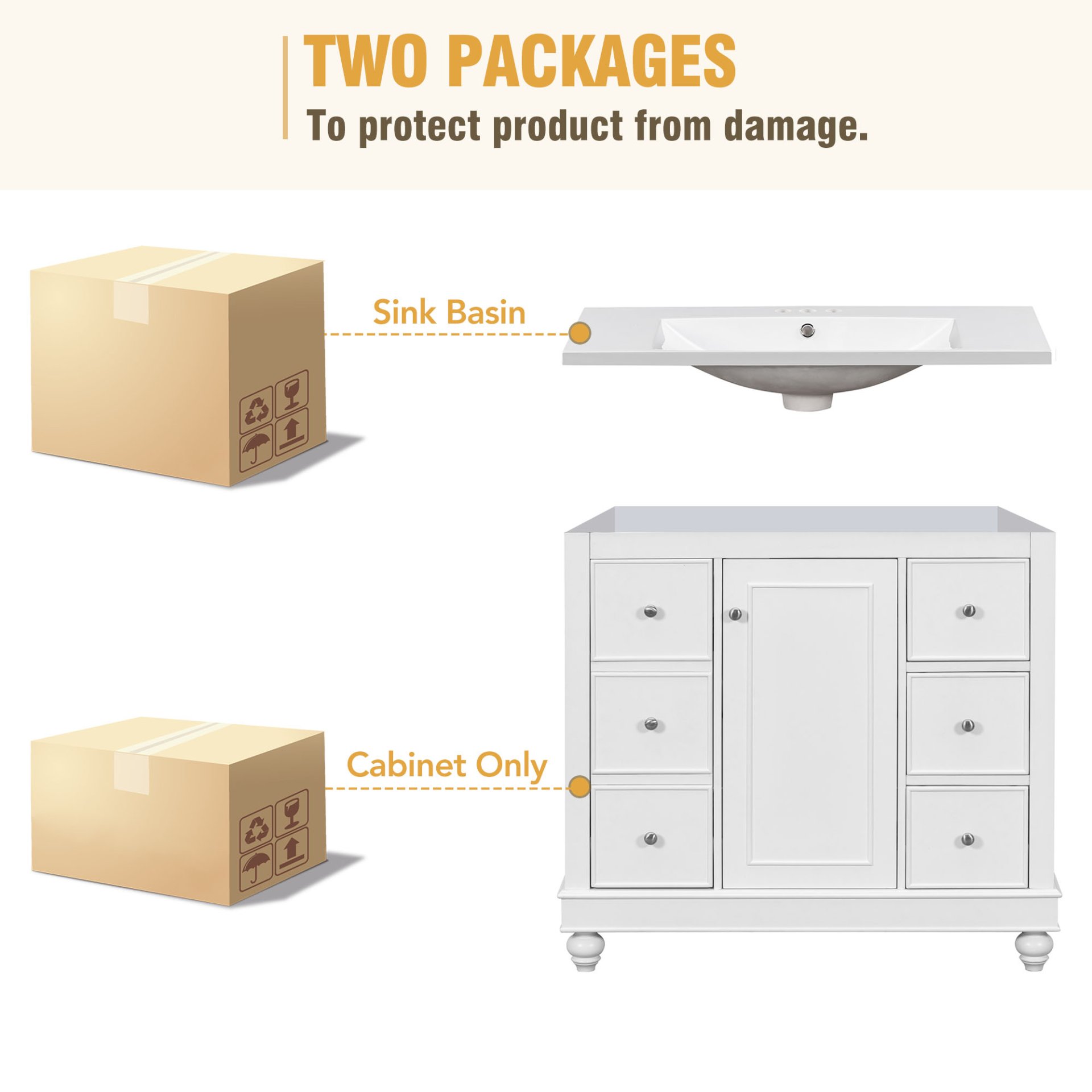 Contemporary Bathroom Vanity Cabinet, 4 Drawers & 1 Cabinet Door, Multipurpose Storage, Resin Integrated Sink, Adjustable Shelves, Solid Wood Frame With MDF - White - Image 10
