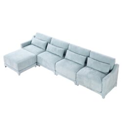 Stylish Four Seater Sofa With Movable Ottoman With Ergonomic Design - Sky Blue