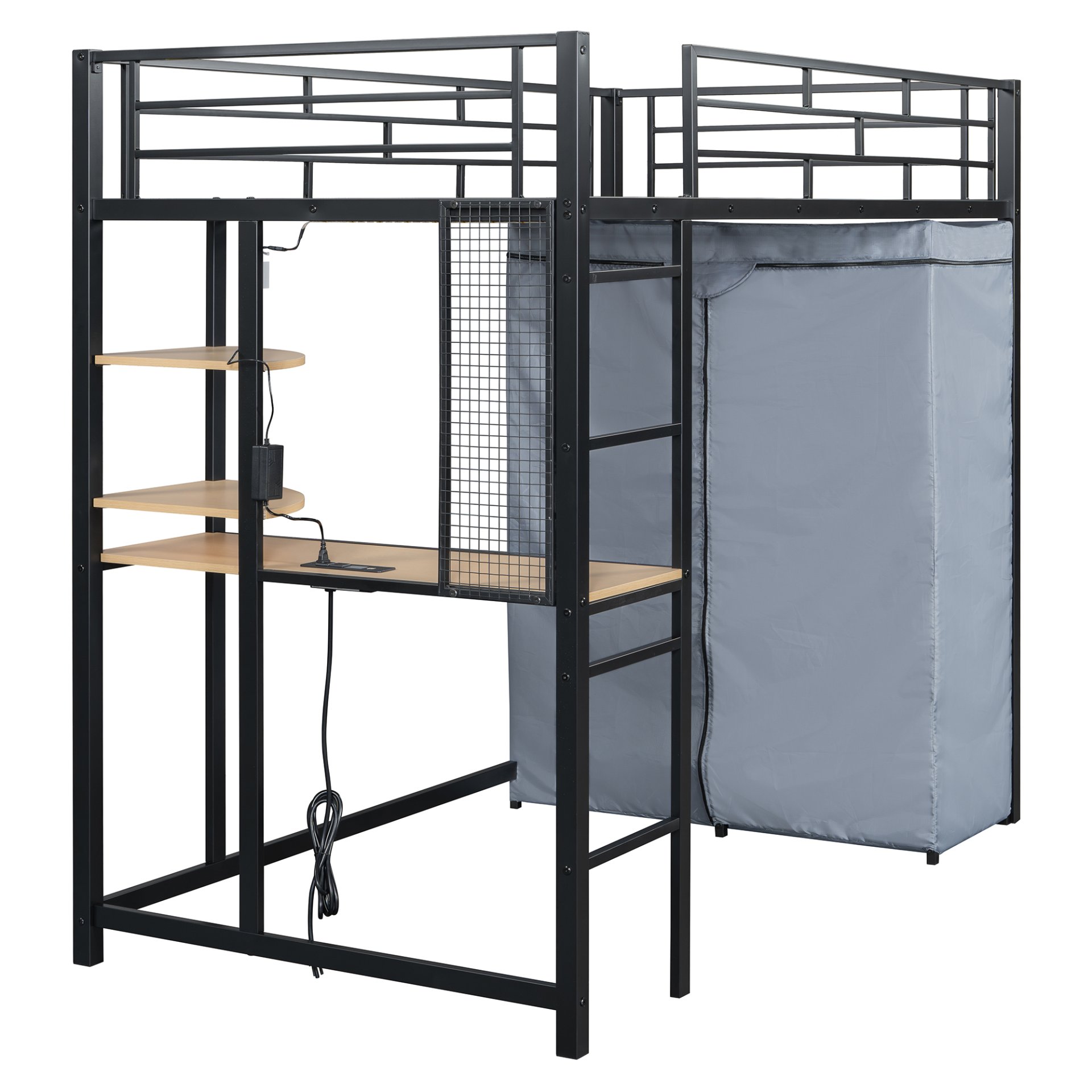 Twin Size Loft Bed With Desk, Shelves, Power Outlet, LED Light And Wardrobe - Black - Image 9
