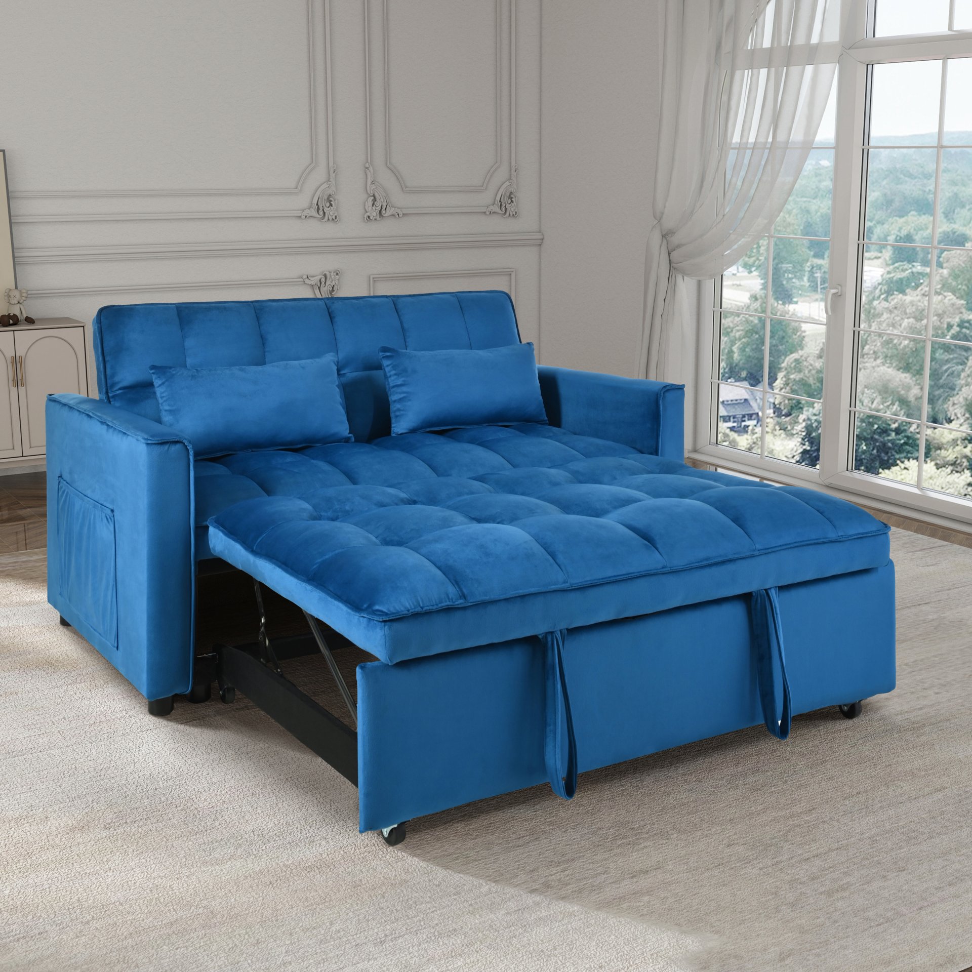 3 In 1 Convertible Sofa Bed With Reclining Backrest And Pillows - Blue - Image 2