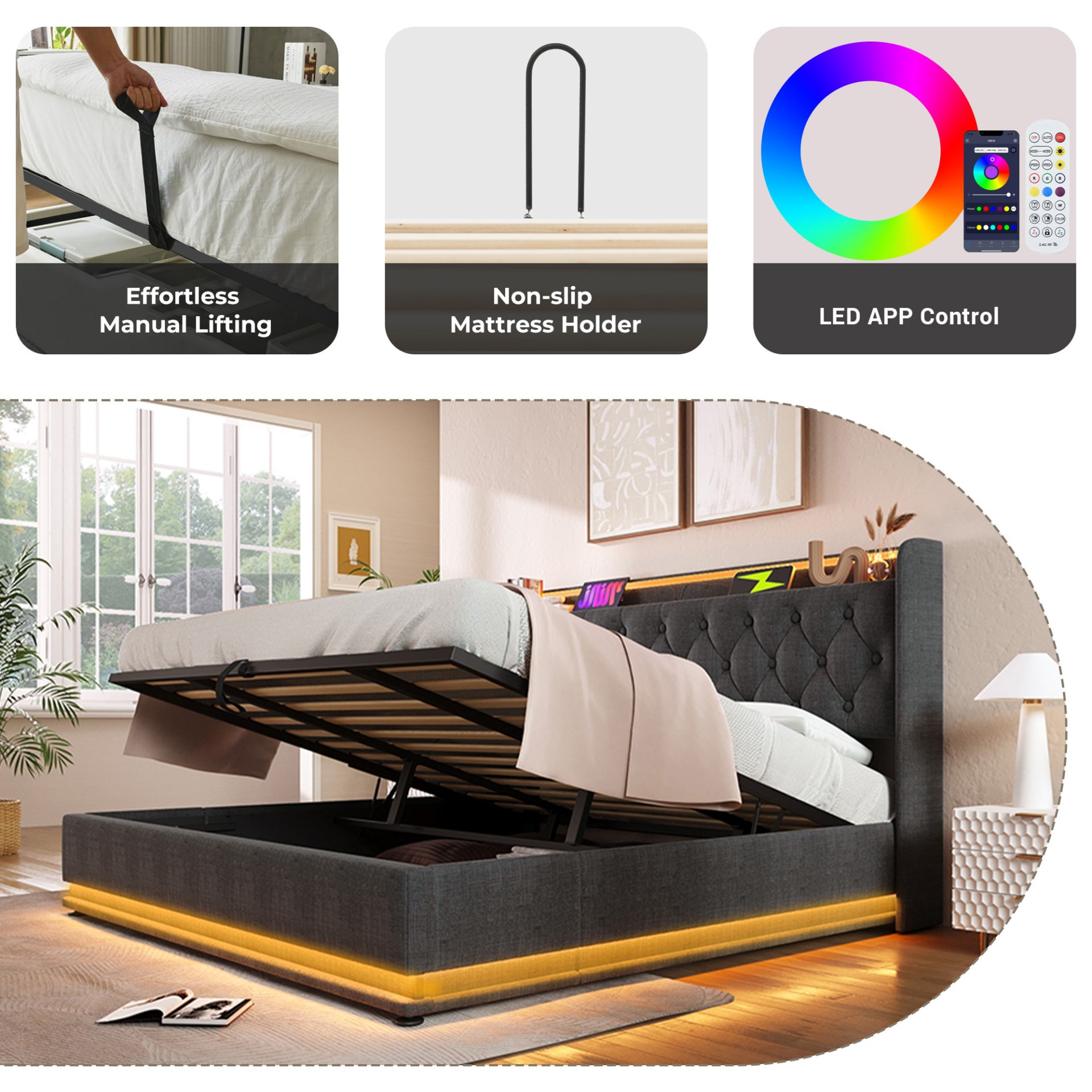 King Size Upholstered Bed, 360 Surround LED Function, Buttons / Apps / Remote Control, Hydraulic Storage Bed With USB Type-C Charging (Without Mattress) - Gray - Image 7