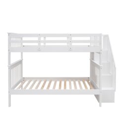 Full Over Full Stairway Bunk Bed With Storage And Guard Rail For Bedroom - White