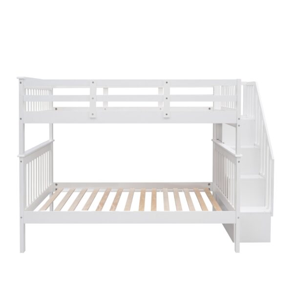 Full Over Full Stairway Bunk Bed With Storage And Guard Rail For Bedroom - White