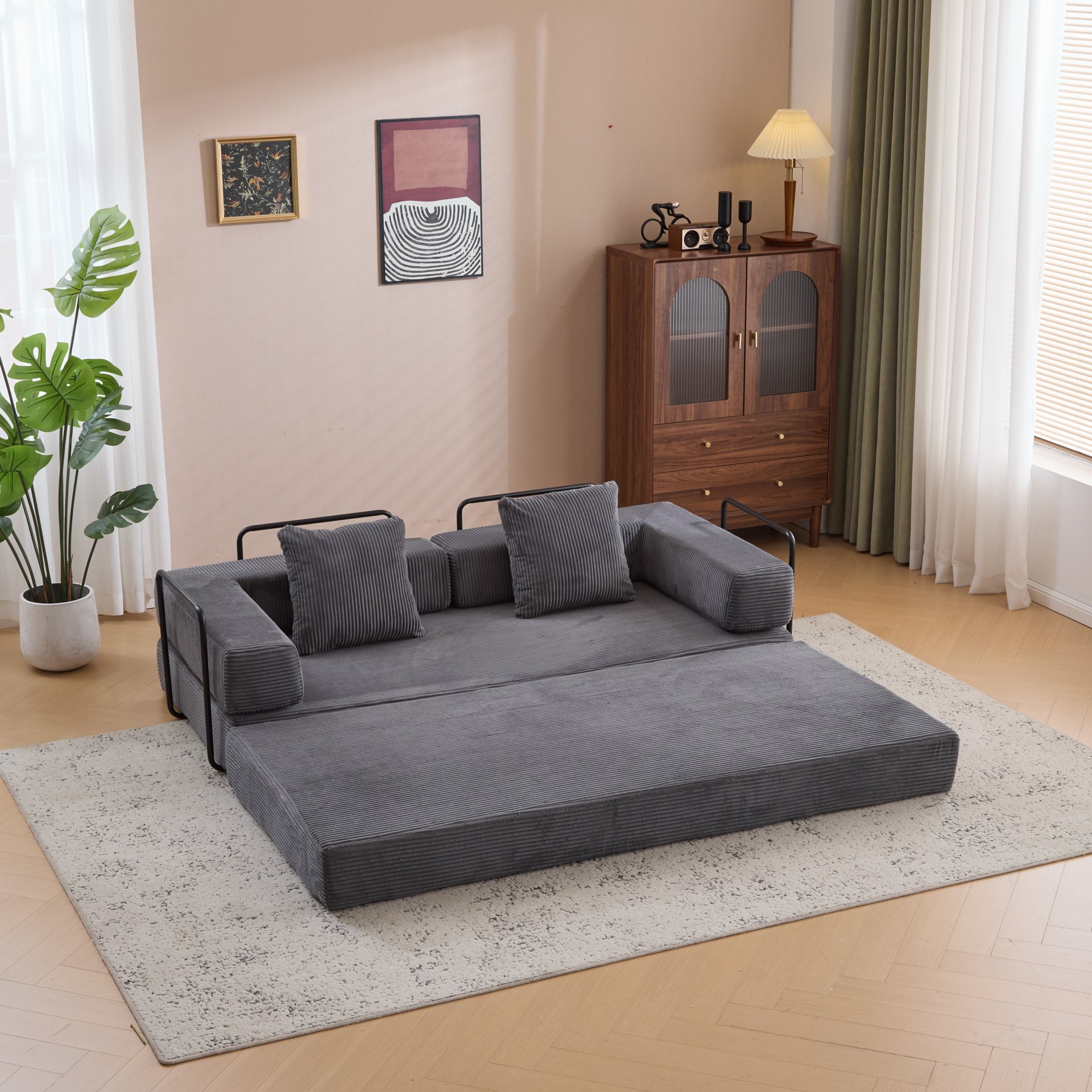 Floor Couch, Compression Sofa, Convertible Floor Sofa Bed With Pillow Back Support Armrest - Dark Gray - Image 11