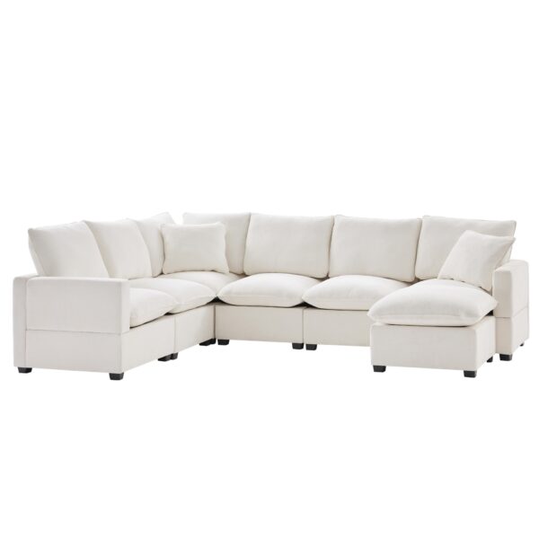 Modern U-Shape Modular Sofa, 7 Seat Chenille Sectional Couch Set With 2 Pillows Included, Freely Combinable Indoor Funiture - White