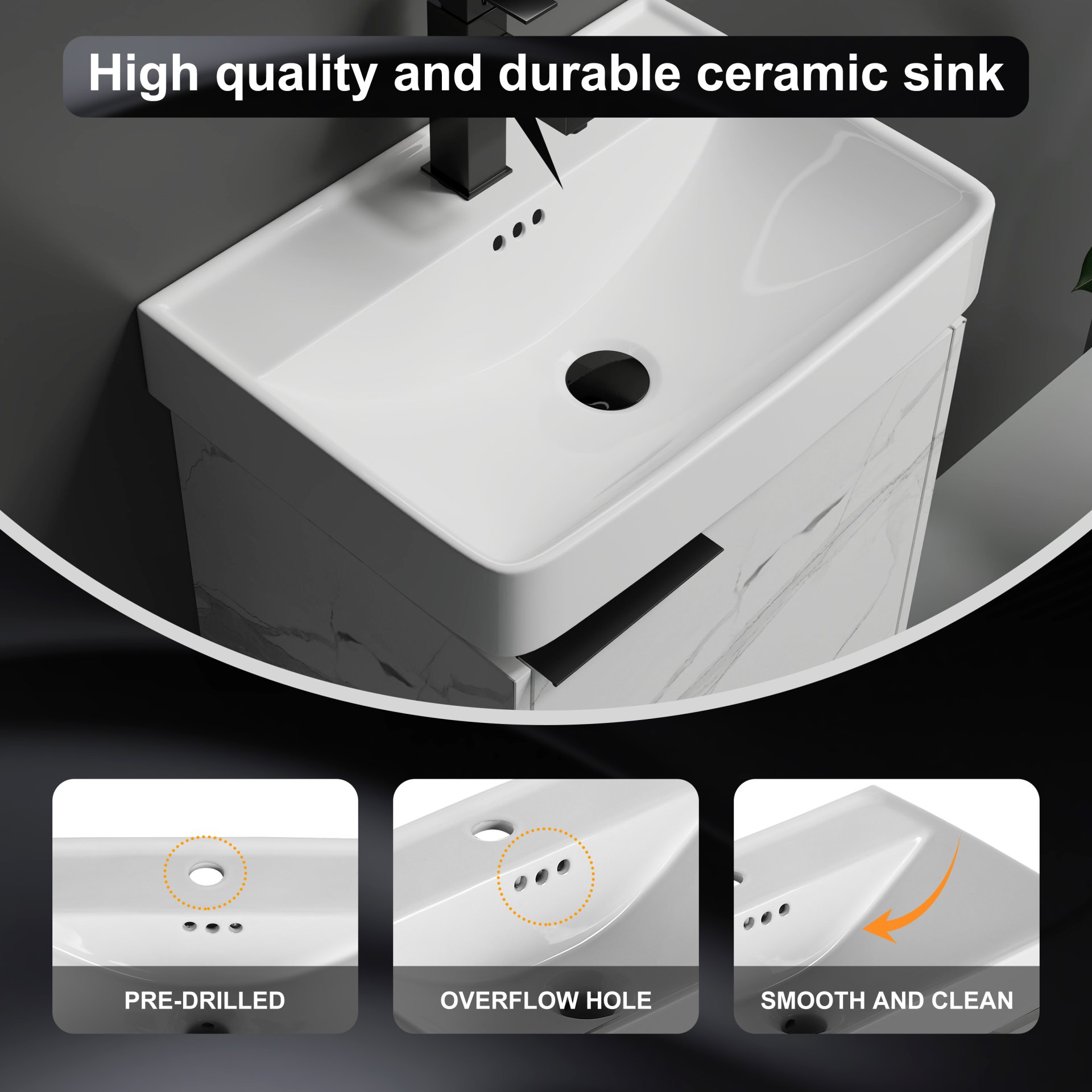 Wall Mounted Bathroom Vanity With Ceramic Sink And Storage Cabinet - Carrara White - Image 10