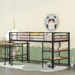 Twin Size Loft Bed With Desk And Shelves - Black