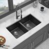 Kitchen Sink 33" X 19" Granite Composite Double Bowl Undermount Sink - Black - Image 4