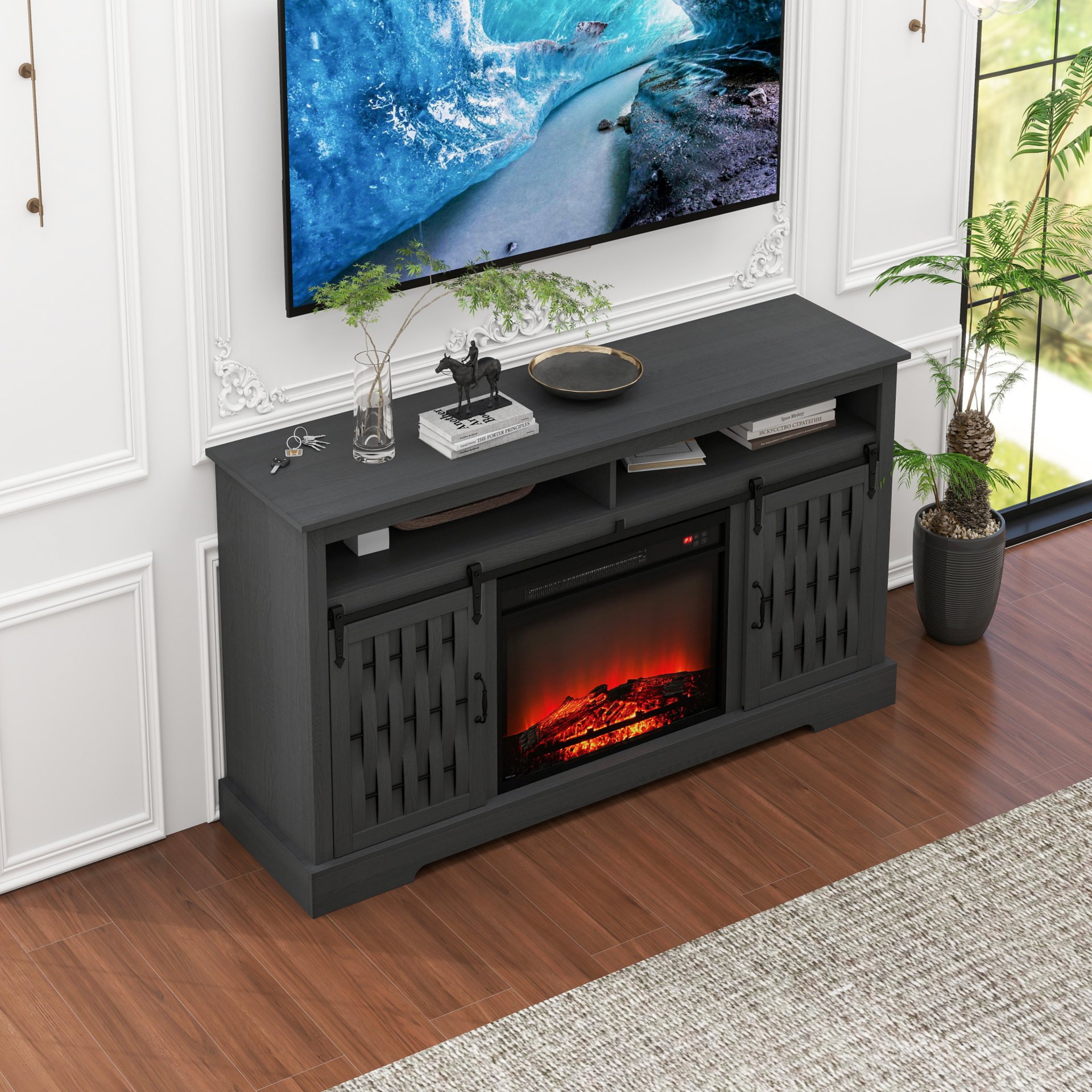 Fireplace TV Stand For Tvs Up To 65", Entertainment Center With 23" Electric Fireplace, Farmhouse TV Stand Industrial Media Console With Sliding Barn Door For Living Room - Dark Gray - Image 4