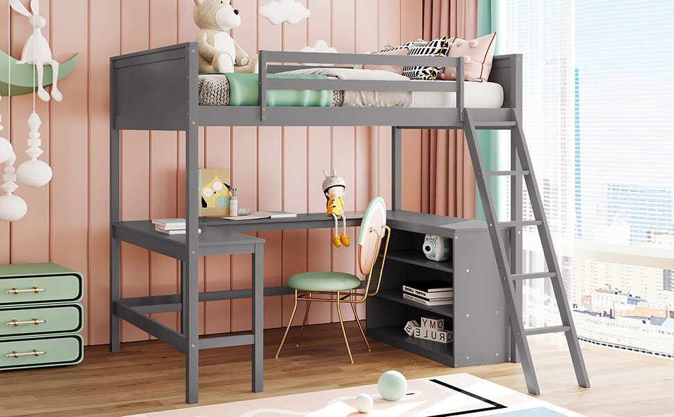 Full Size Loft Bed With Shelves With Desk - Gray - Image 22