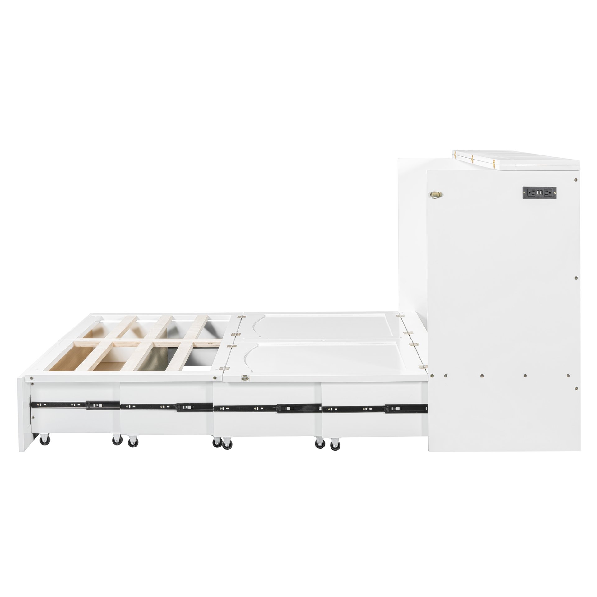 Queen Size Murphy Wall Bed With Drawer And A Set Of Sockets & USB Ports, Pulley Structure Design - White - Image 9