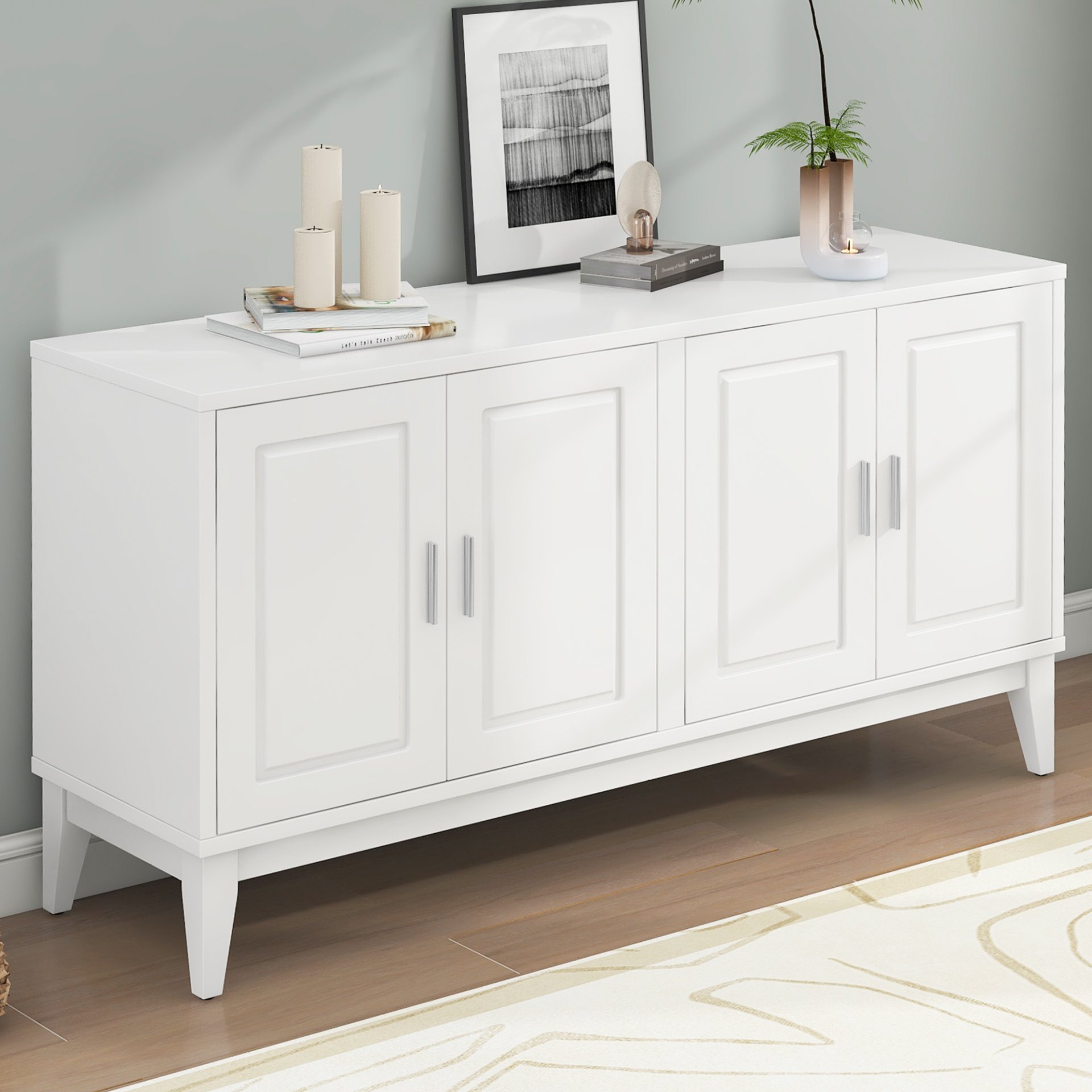 4 Door Sideboard Storage Cabinet With Door Shelf For Living Room And Dining Room, 2 Large Cabinets With Adjustable Shelf - White - Image 2