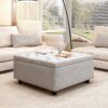 Large Square Storage Bench, Footstool With 2 Storage Doors, Mid - Century Modern Coffee Table For Living Room, Nailhead Inlay - Light Gray - Image 4