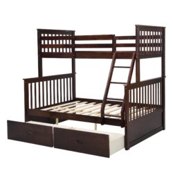Wooden Twin Over Full Bunk Bed With Storage Drawers Ladder And Safety Guard Rails - Dark Brown