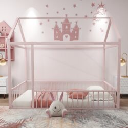 Twin Size Bed House Bed Frame With Fence - Pink