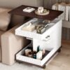 Adjustable End Table With Wheels, Modern Multifunctional Sofa Side Table With Lift Top, 360°Rotating Top And Storage Space For Living Room, Small Space - Brown / White - Image 2