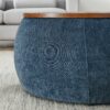 Round Storage Ottoman With 2 In 1 Function As End Table And Ottoman, Eucalyptus Wood And Foam - Dark Blue - Image 7