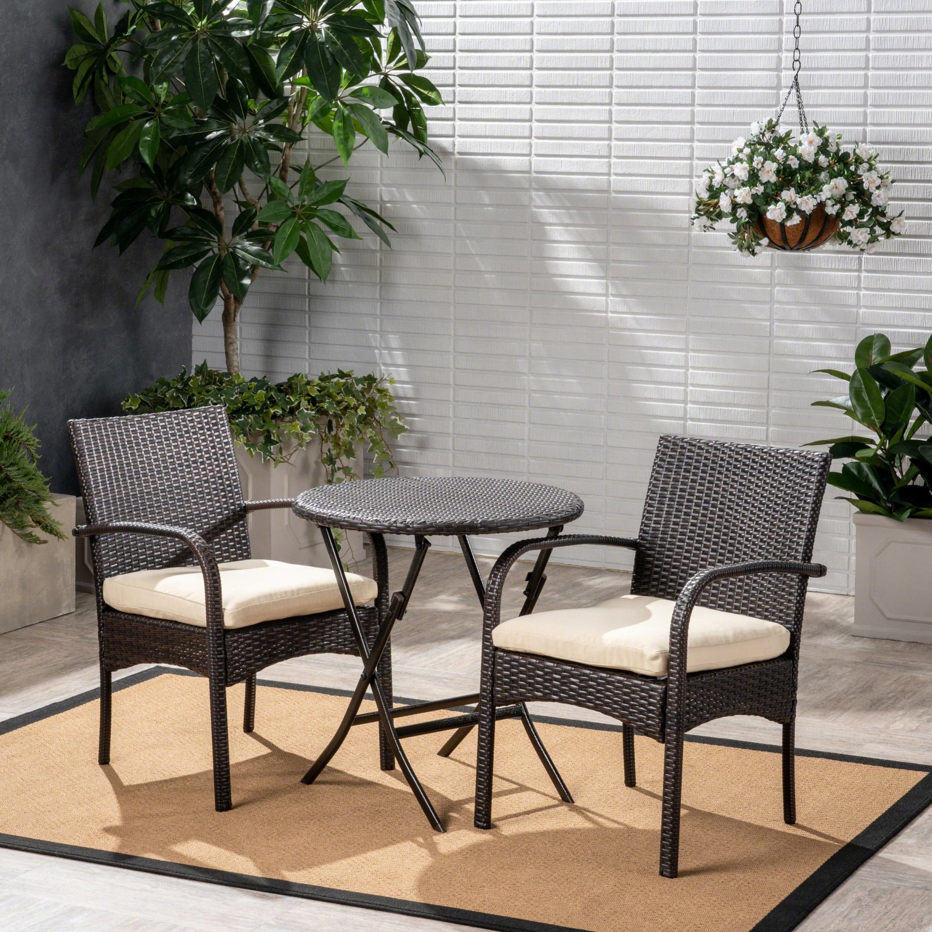Outdoor Wicker Bistro Set With 2 Chairs - Brown Multi - Image 2
