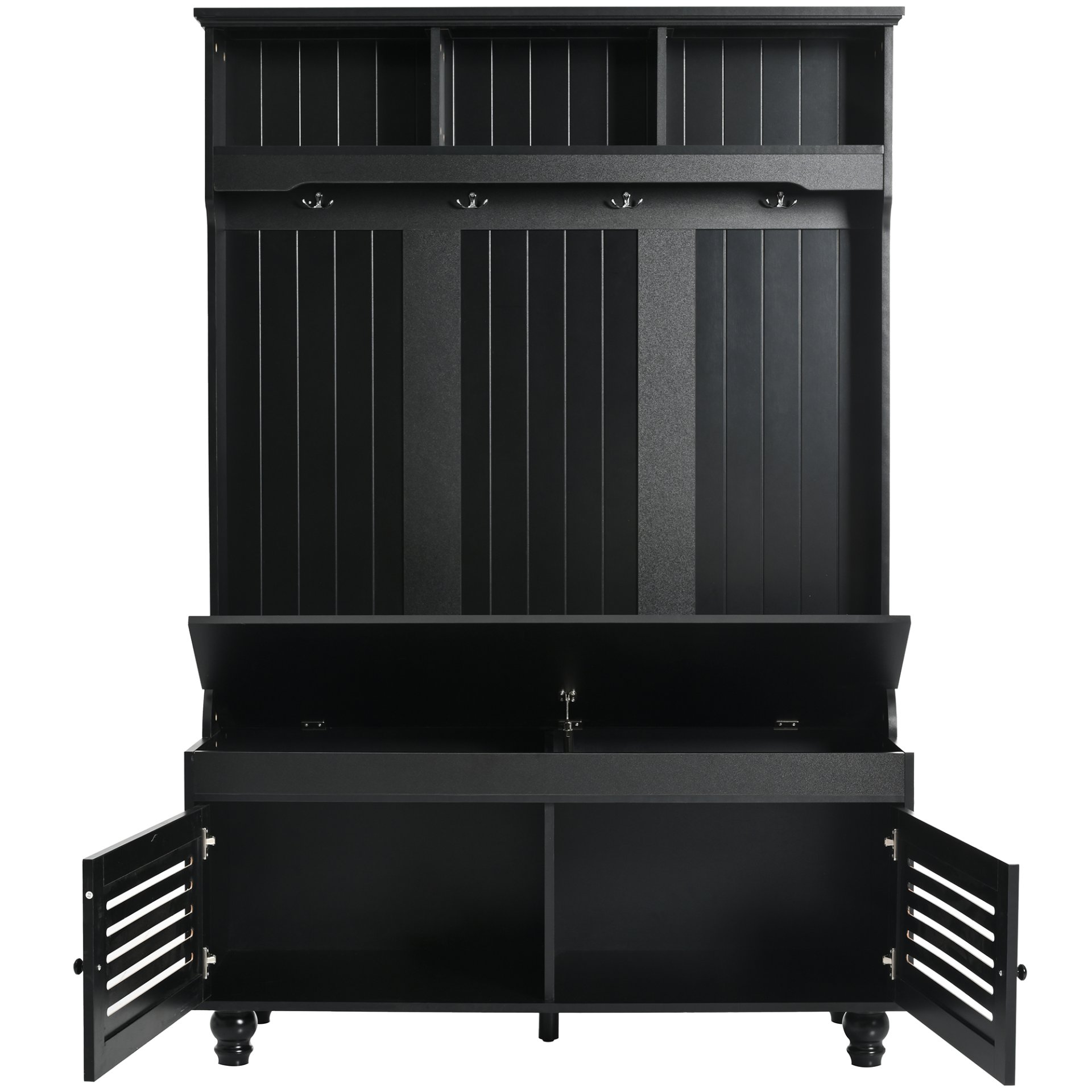 5 In 1 Entryway Bench With Shutter - Shaped Doors, Coat Rack, Cushion And 4 Sturdy Hooks, Wide Hall Tree With Storage Bench For Hallway, Entryway, Living Room - Black - Image 13